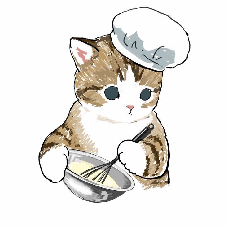 Gatito atigrado con gorrito de chef, revolviendo una mezcla pastelera.